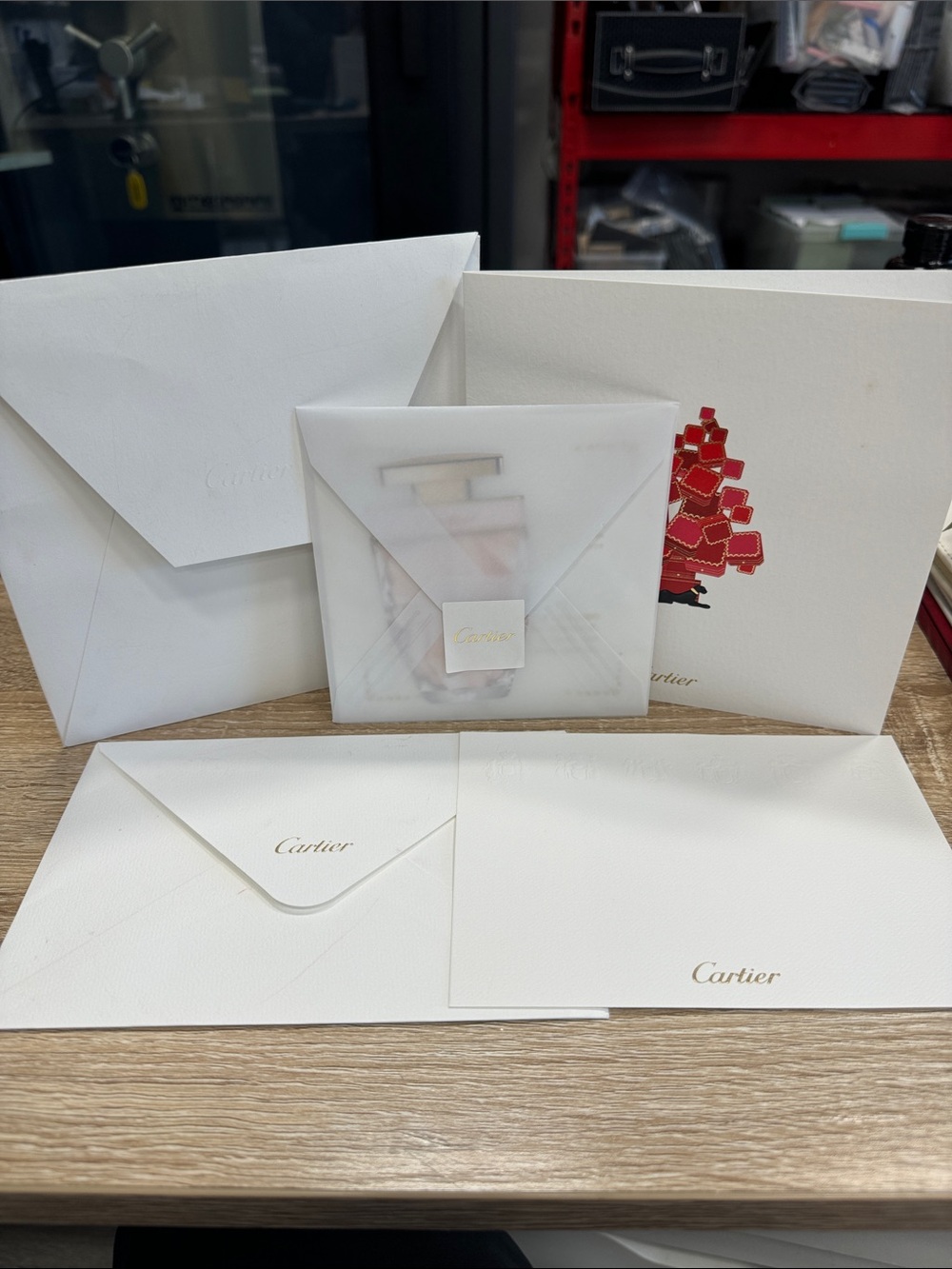 Cartier White Holiday Card Set with Red Tree Detail